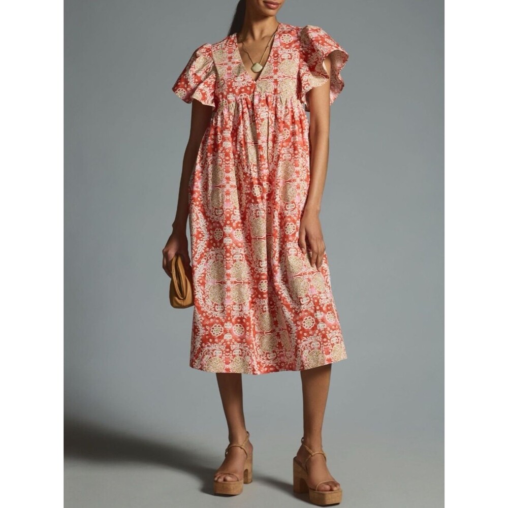 Maeve Anthropologie Printed Flutter Sleeve Babydoll Dress Pink Combo Size Medium